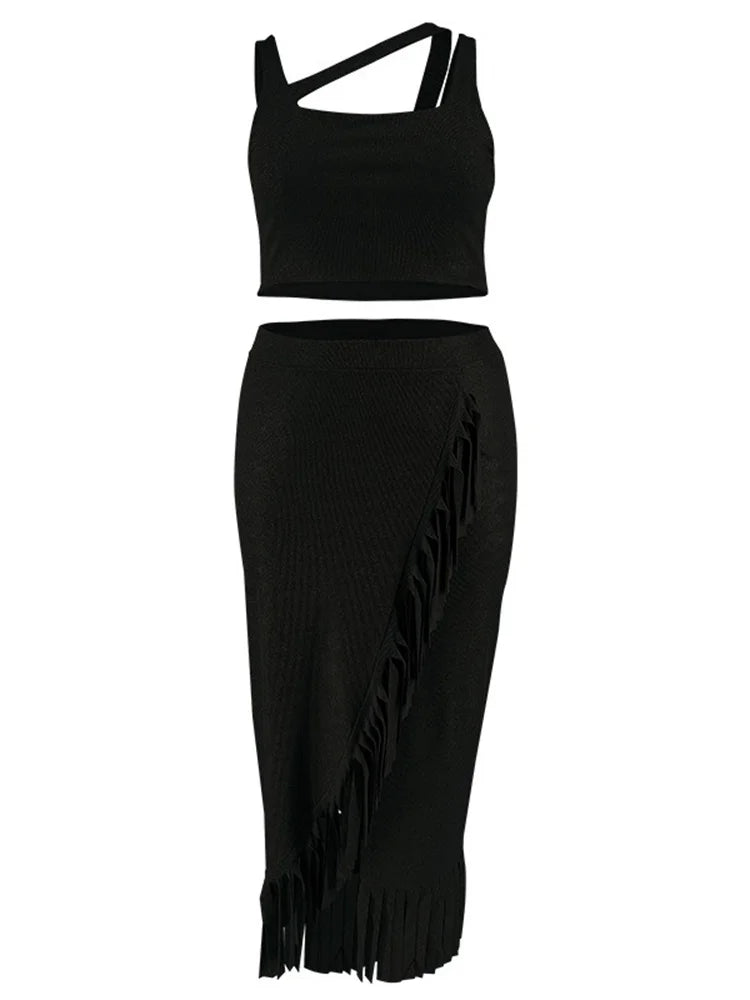 Wmstar Plus Size Two Piece Set Women Summer Sexy Crop Top Long Skirt Sets Tassel Casual Matching Suit Wholesale Drop Shipping