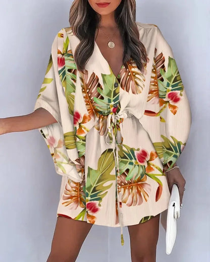 Summer Dress For Women  New Floral Print Bat Half-Sleeve V-Neck Ruffle Irregular Hem Female Dress Casual Boho Women Clothes