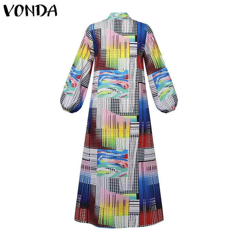 VONDA Plus Size 5XL Bohemian Printed Dress Autumn Women Elegant Long Sleeve Vintage Maxi Sundress Casual Button Loose Party Robe
