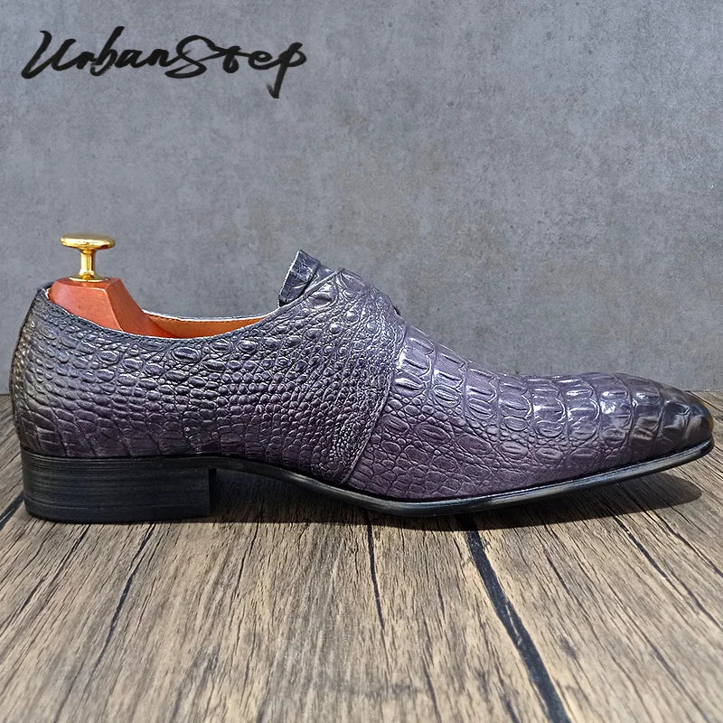 Luxury Men Monk Strap Shoes Gray Black Crocodile Print Loafers Casual Mens Dress Shoes Wedding Office Leather Shoes Men