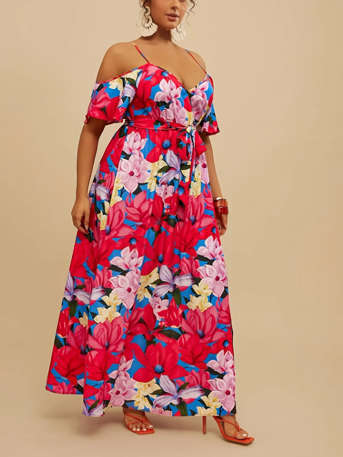Sommer Neues elegantes schulterfreies, langärmliges Maxikleid in Übergröße, lässiges lockeres, tailliertes Kleid mit sexy Schlitz