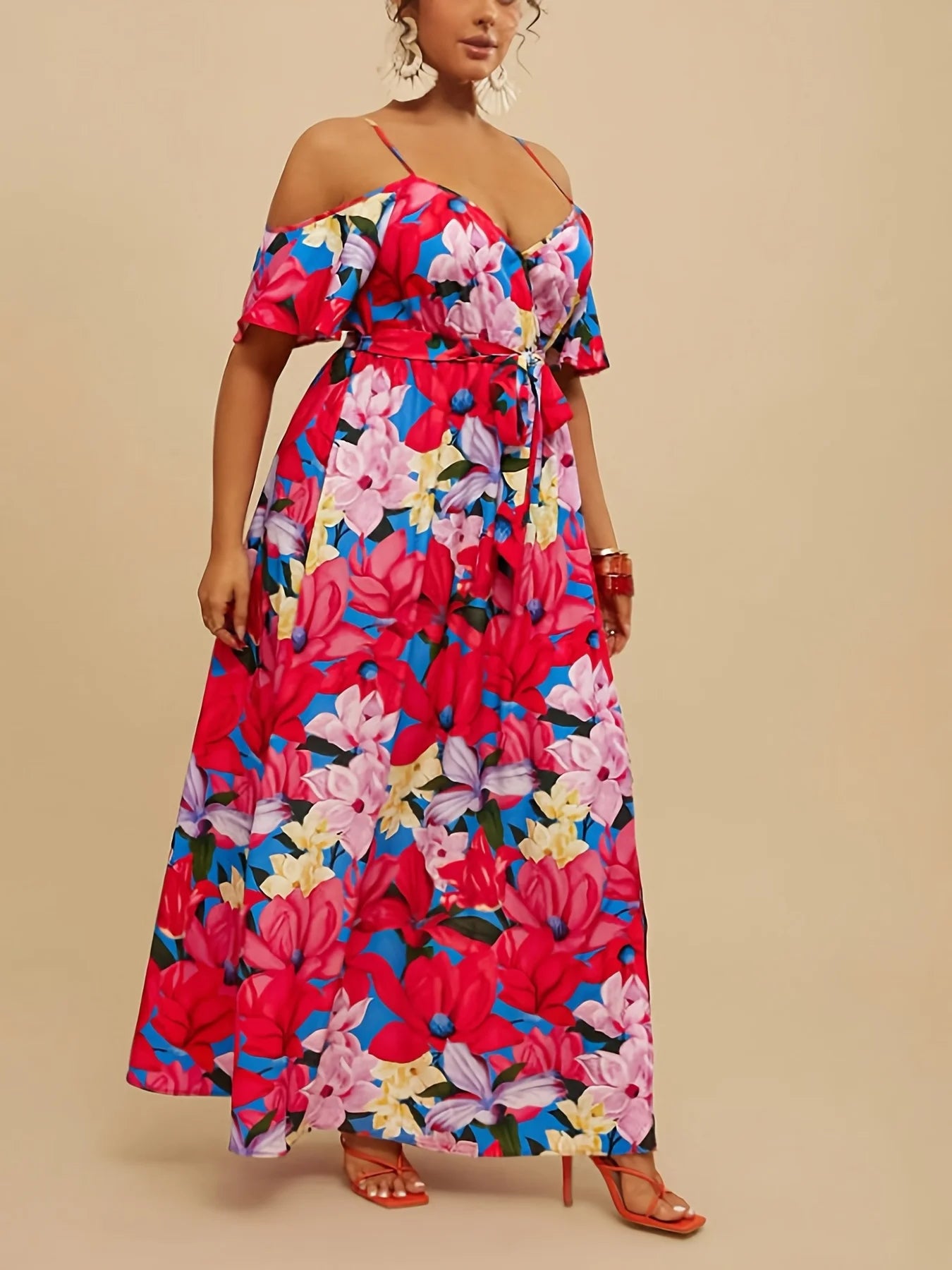 Summer New Elegant Short Sleeve Shoulder Bared Long Dress plus Size Casual Loose Waist Cinched Sexy Split Maxi Dress