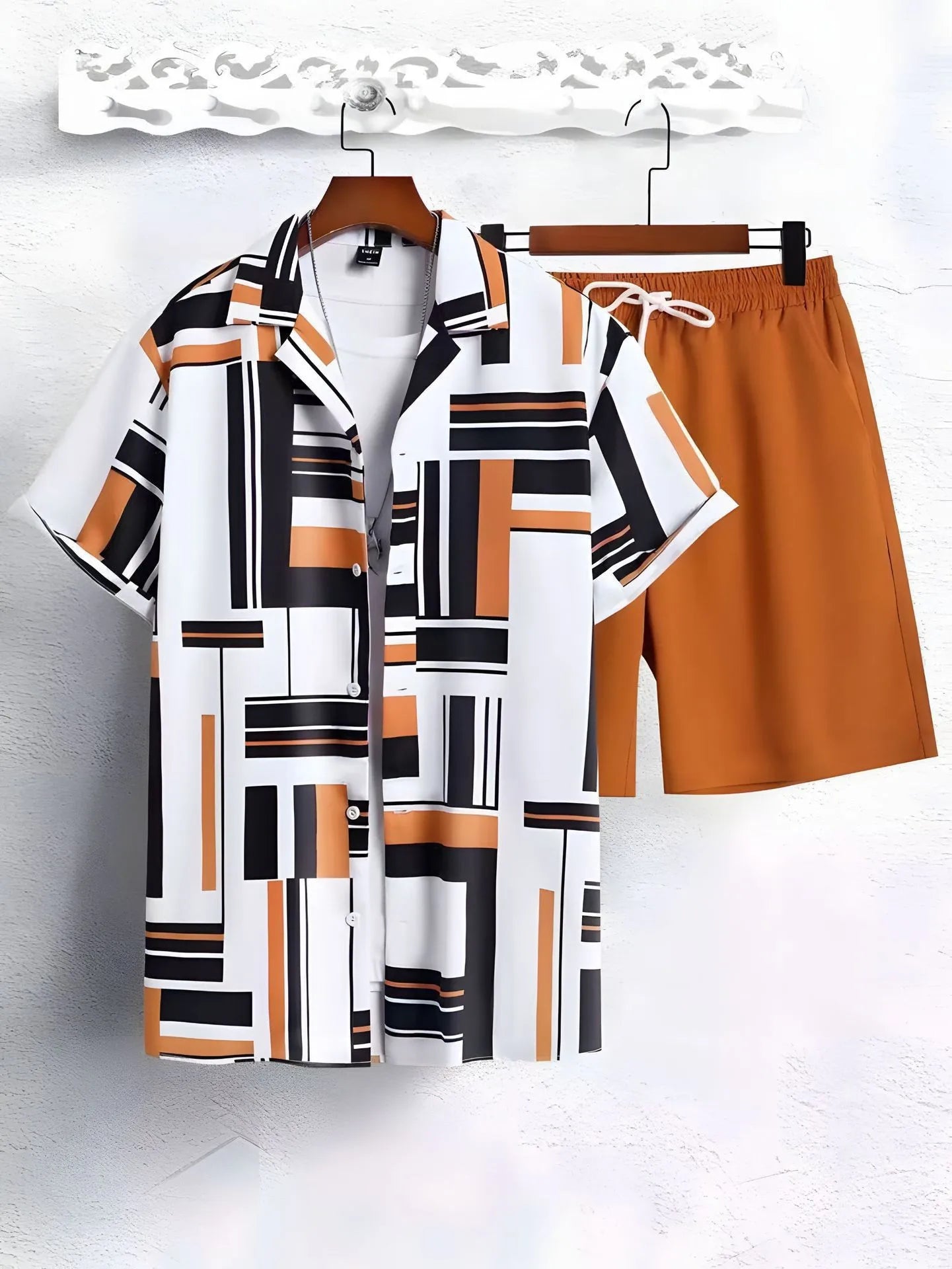 Comfortable Coconut trees leaves color blocking 3D Print shirt +Shorts Two Piece Set Short Sleeve Flip collar shirts half pants