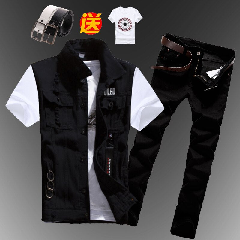 Mens Boys Casual Denim Vest Sleeveless Waistcoat Summer Jeans Pants Trousers Slim Fit Two Piece Set Summer