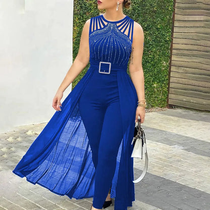 Women's Sexy Sleeveless Jumpsuit, Elegant Hot Rhinestone Mesh Mop Red Summer