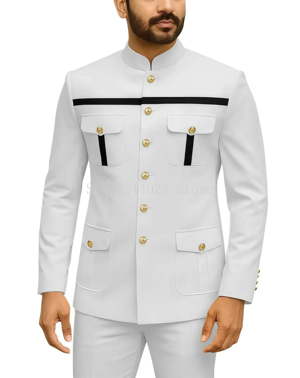 Herren Safari-Anzug 2-teilig Regular Fit Chinakragen Goldknopf Blazer Hose Set Afrikanische Outfits