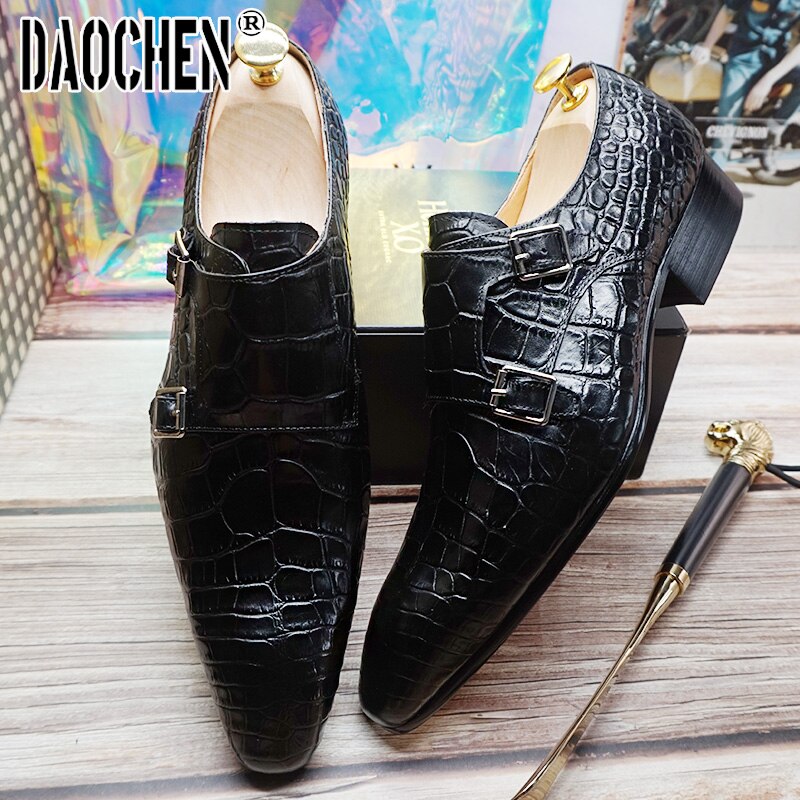 Luxury Men Loafers Shoes Slip On Double Monk Strap Black Brown Men Dress Leather Shoes Office Business Wedding Men Casual Shoes