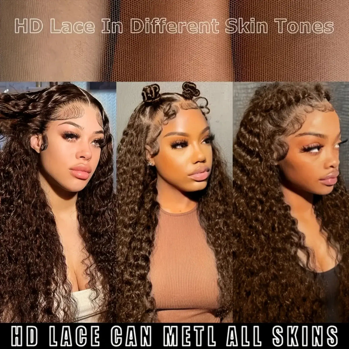 HD Lace In Different Skin Tones showcasing diverse wig styles and textures for all skin types.