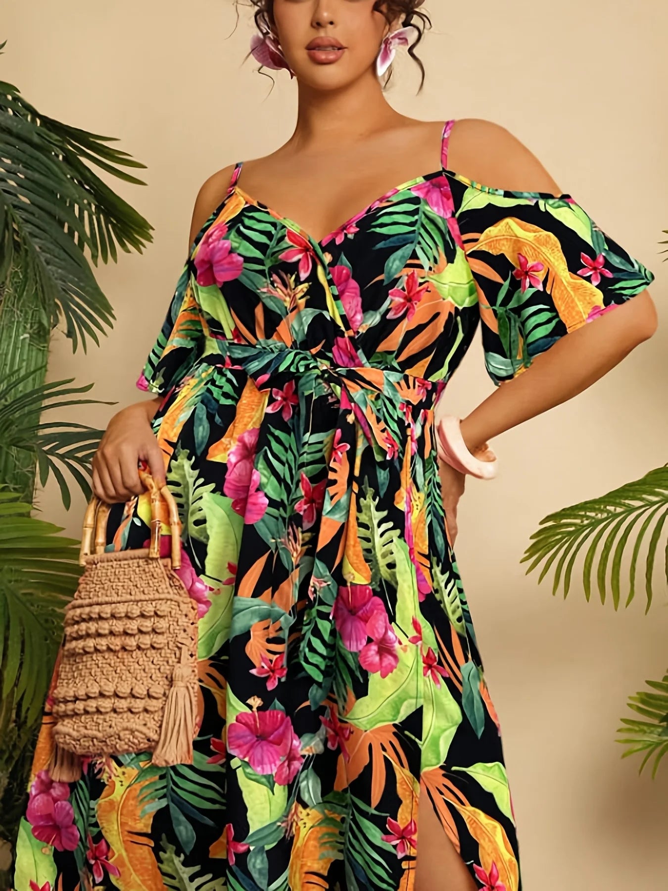 Sommer Neues elegantes schulterfreies, langärmliges Maxikleid in Übergröße, lässiges lockeres, tailliertes Kleid mit sexy Schlitz