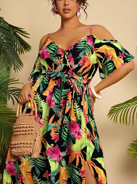 Summer New Elegant Short Sleeve Shoulder Bared Long Dress plus Size Casual Loose Waist Cinched Sexy Split Maxi Dress