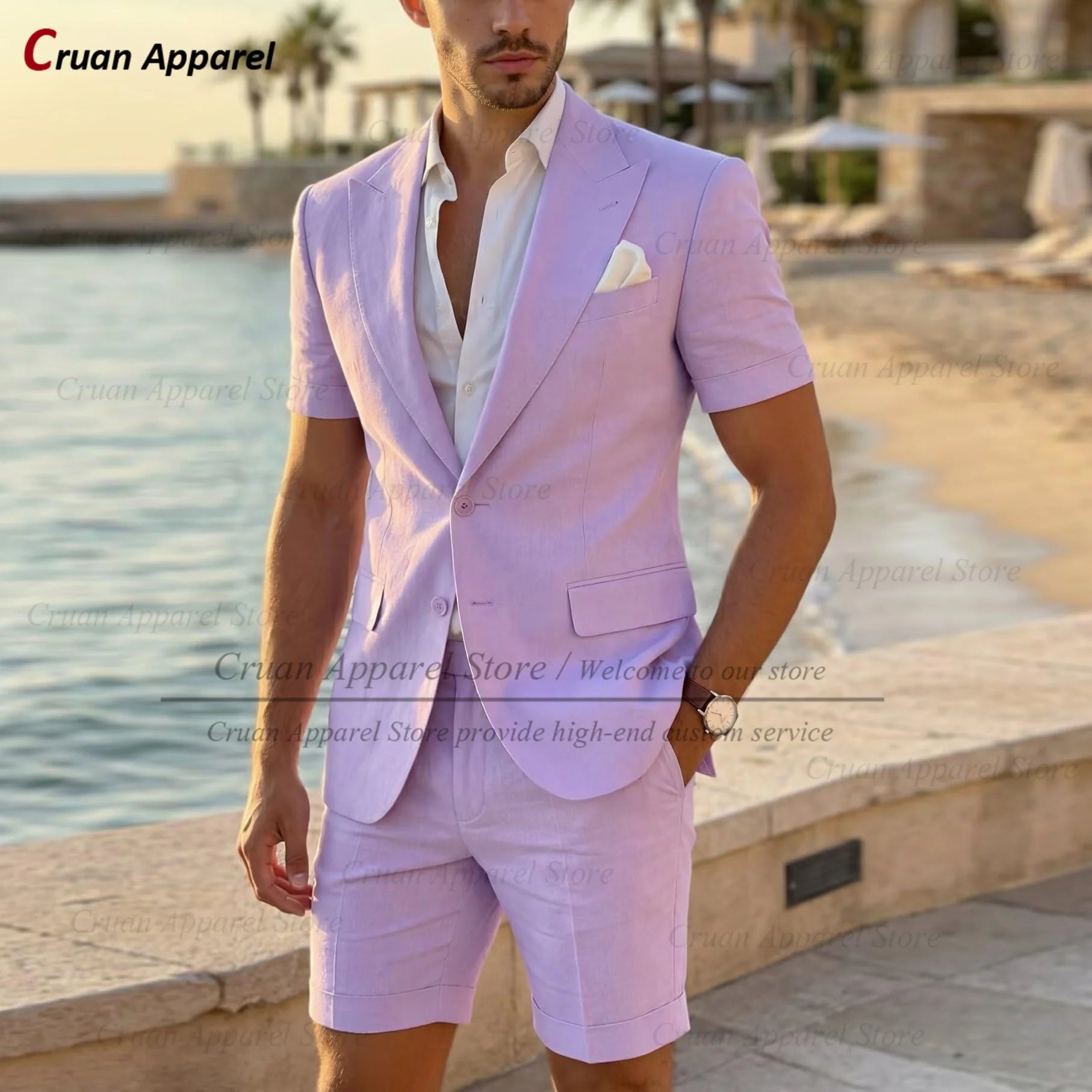 Beach Linen Men Suit Shorts Slim Fit Formal Best Man Groom Wedding Dress Tuxedo Casual Short Sleeve Blazer Pants 2 Pieces 2026
