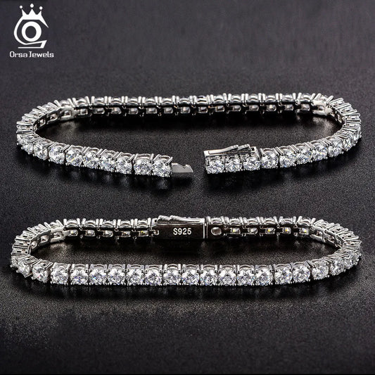 ORSA JEWELS Authentic 925 Sterling Silver Tennis Chain Bracelet Moulding Process Hanmade High-end Hand Chain for Man Woman SB128