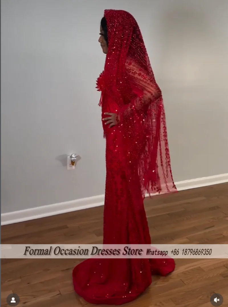 Luxury Red Prom Dresses With Veil 2026 Sequin Beading Black Girls Evening Dress 2025 Sleeveless Birthday Party Gowns Customized