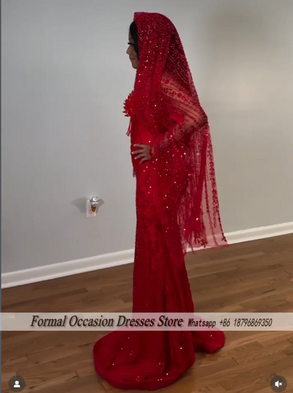 Luxury Red Prom Dresses With Veil 2026 Sequin Beading Black Girls Evening Dress 2025 Sleeveless Birthday Party Gowns Customized