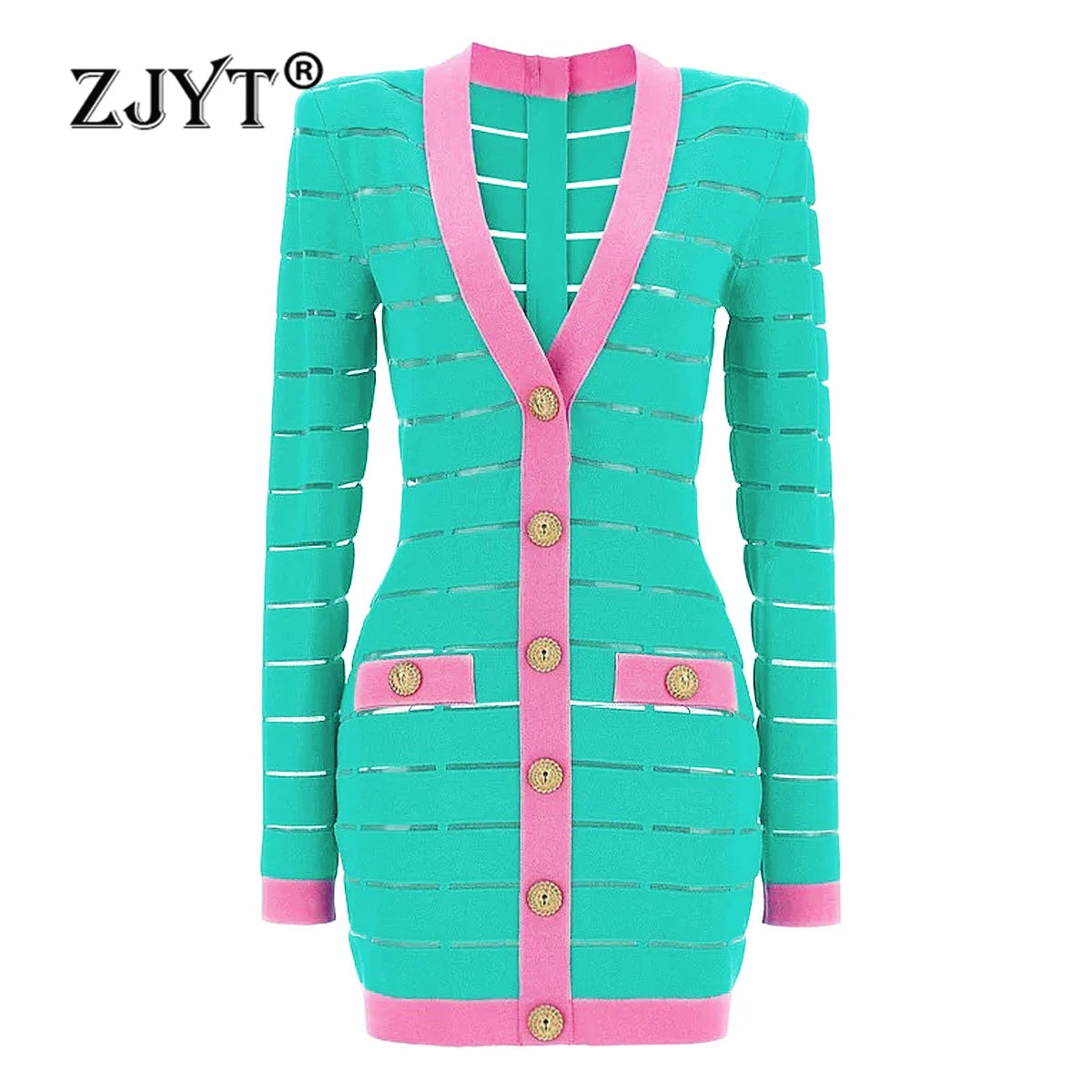 ZJYT Europe Fashion Color Block Knitting Sweater Dresses for Women 2024 Autumn Winter Long Sleeve V Neck Sexy Short Party Dress