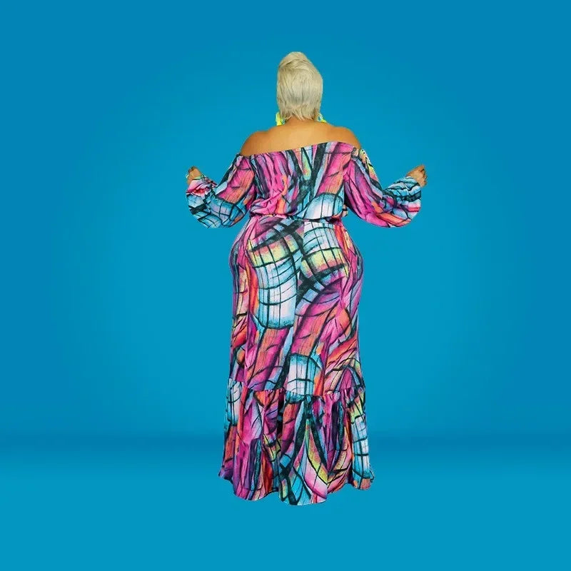 Plus Size Elegant Women's 2 Pieces Set Tube Top Off Shoulder Long Sleeve Printing Suit High Waisted Long Dresses Women Clothing