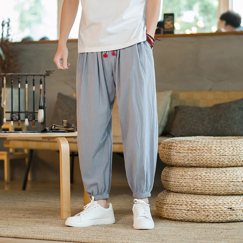 Asian size Man Solid Fashion Cotton Linen Blended Casual Pants 2023 Summer New Chinese Style Men&#39;s Loose Nine Points Trousers