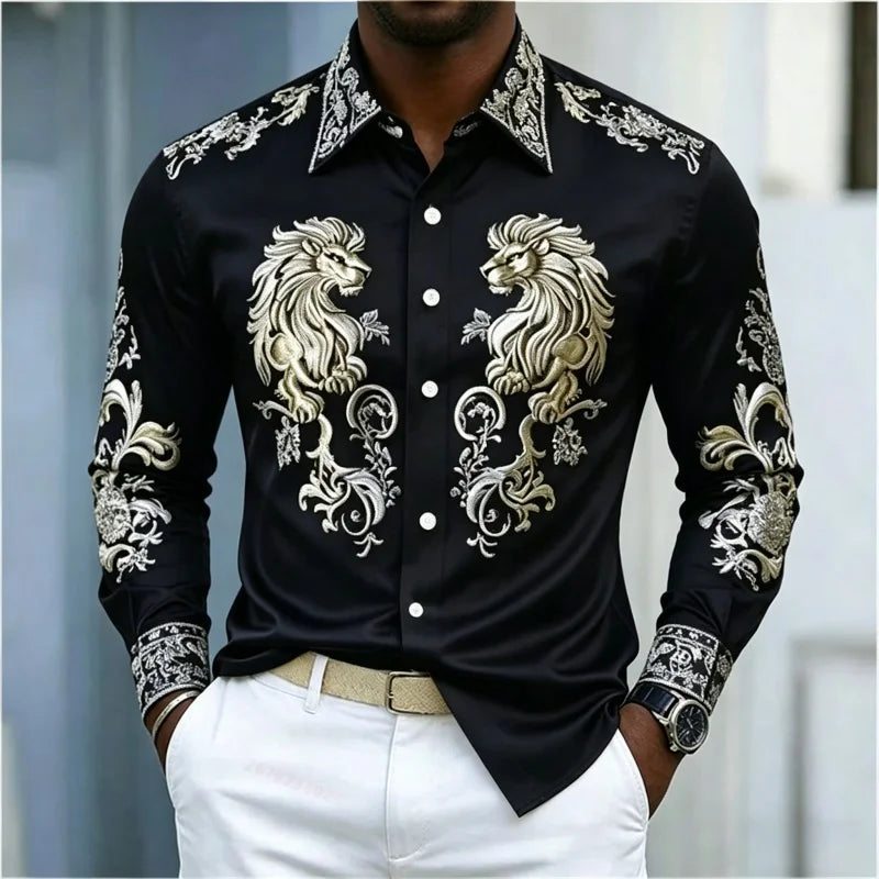 Men's shirt Baroque style shirt Lion head slim fit design long sleeved shirt Business casual street style men's clothing XS-6XL