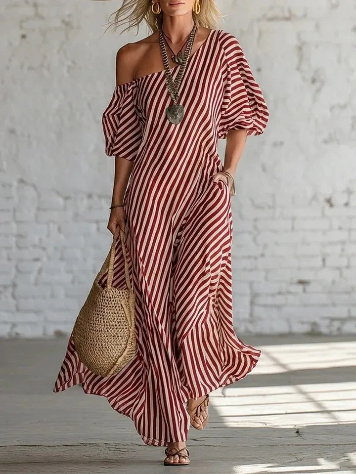 Summer Woman Dress Long Striped Off Shoulder Dresses Short Sleeve Maxi Dress Wrap Style Pink Striped Shirt Dress 's Women's