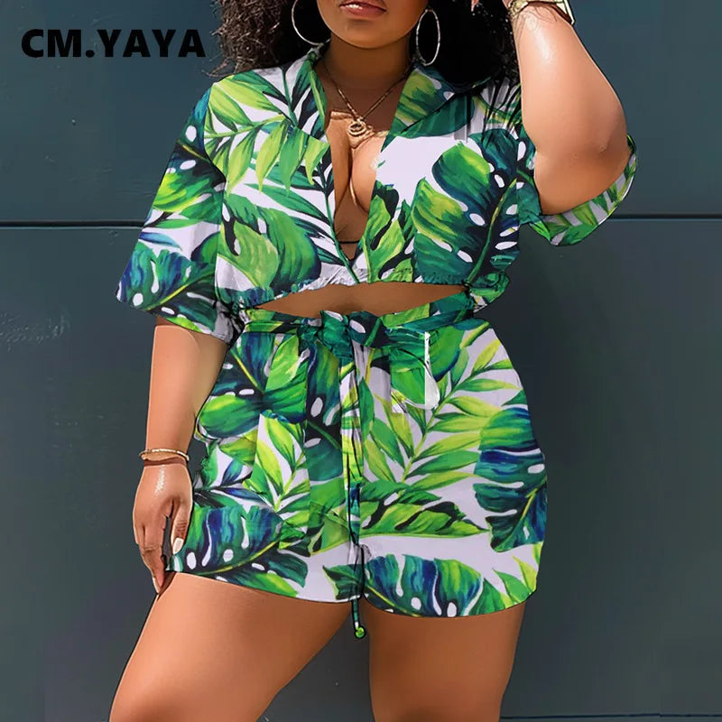 CM.YAYA 2024 Summer Women’s Sets Short Sleeve Printed Shirt + Shorts Suits Casual Loose Plus Size Night Club 2 Two-Piece Sets