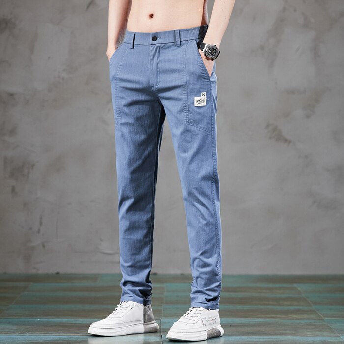 Spring Summer Elastic Waist Design Men&#39;s Thin Casual Pants Korean Fashion Cotton Stretch Business Trousers Male Grey Blue