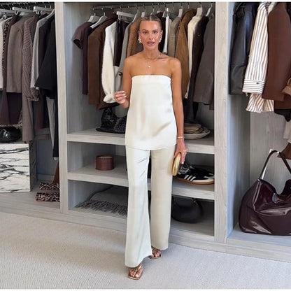 Elegant Tube Tops Women's Trouser Suits Backless Top Wide Leg Pants  Spring Summer High Street Fashion 2 Pieces Set Women