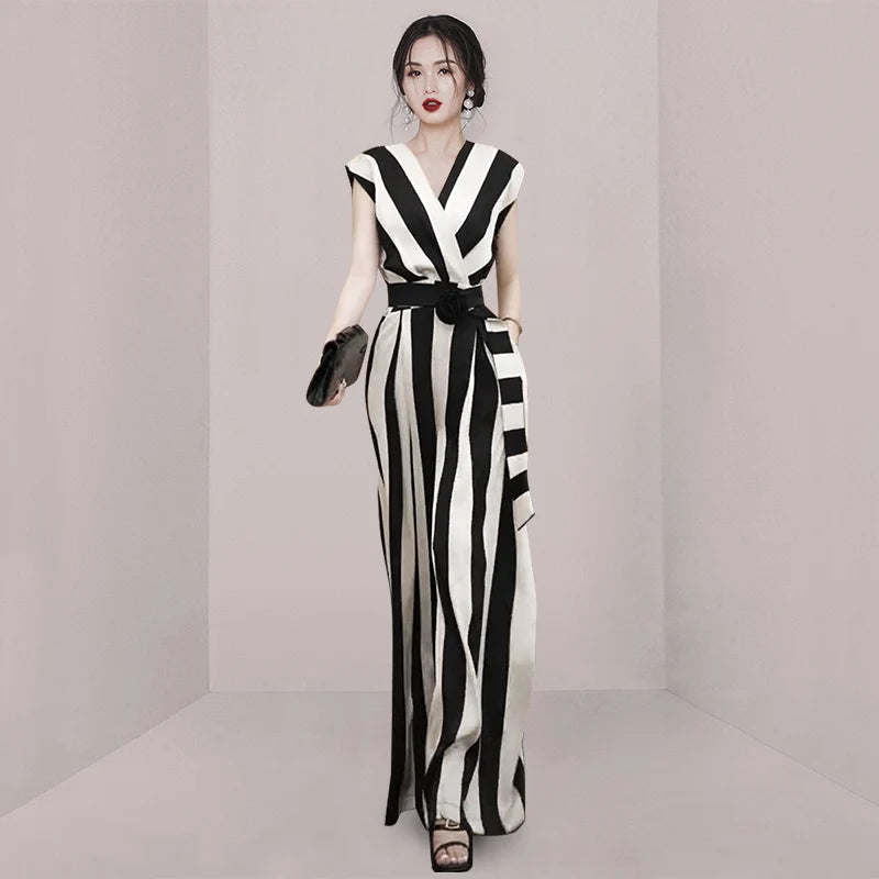 2023 Summer Fashion Elegant Black White Striped + Belt Jumpsuits Office Ladies Sexy V-neck High Street Slim Wide Leg Jumpsuit