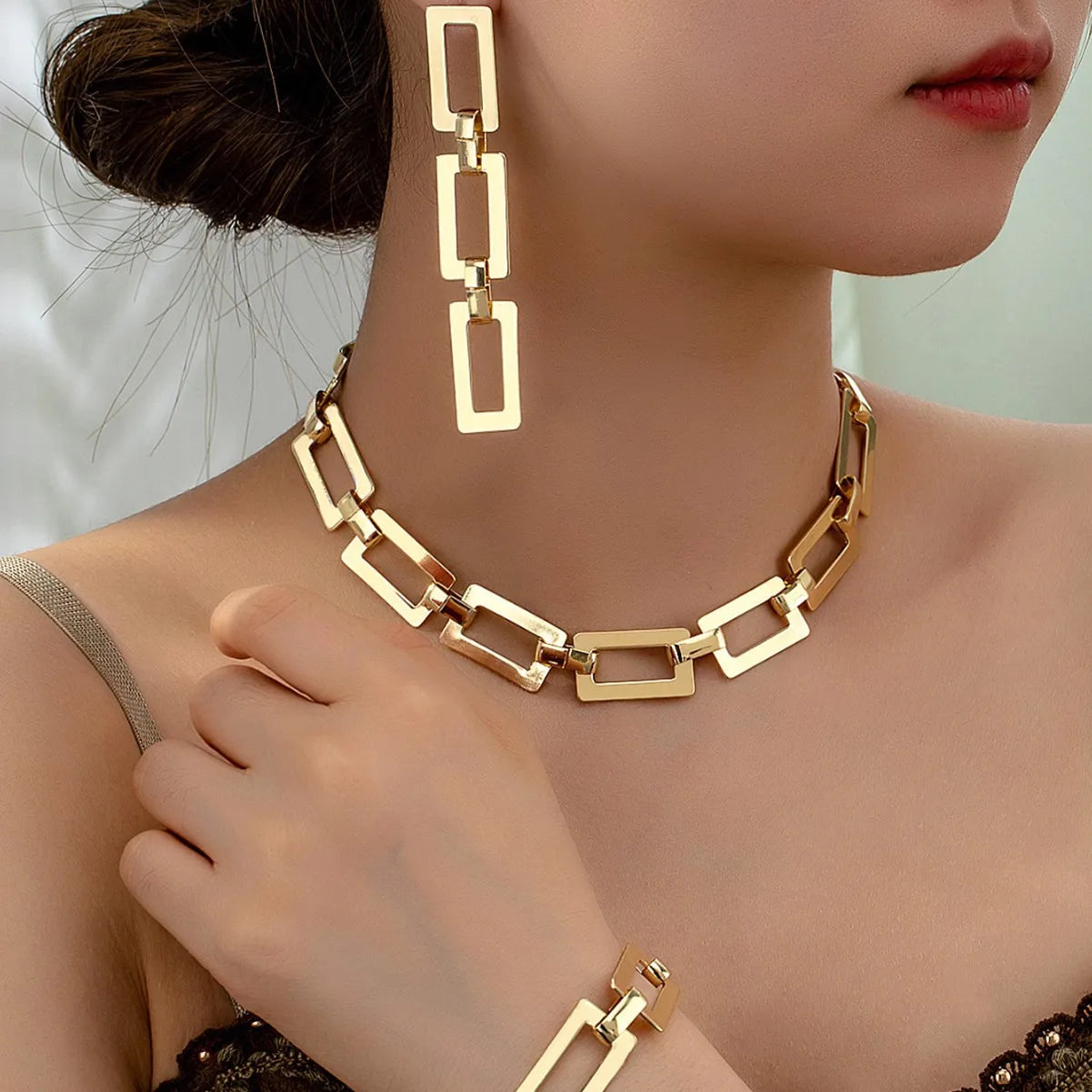 3/4PCS Stainless Steel Fashion Gold Color Geometric Chain Hollow Necklace Bracelets For Women Girl New Fashion Non-fading Set