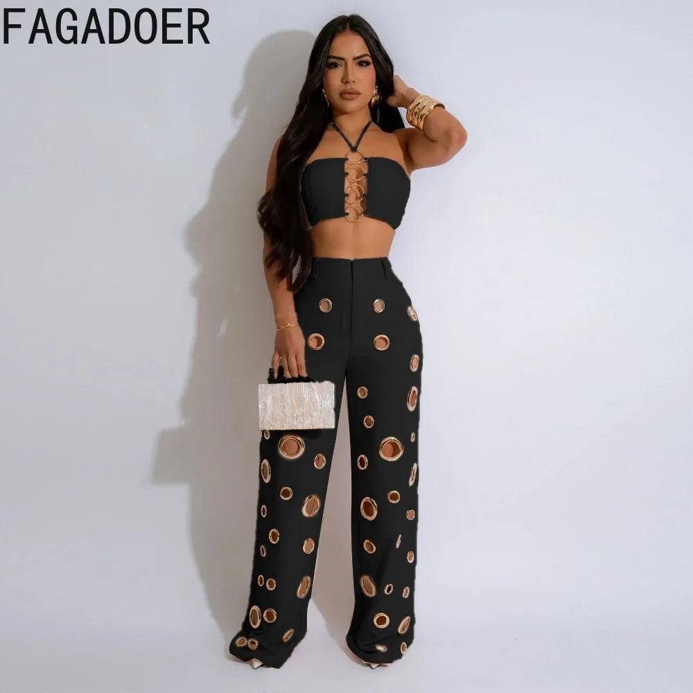 FAGADOER Sexy Solid Hole Wide Leg Pants Streetwear Women Halter Sleeveless Backless Crop Top And Pants Two Piece Sets Outfits