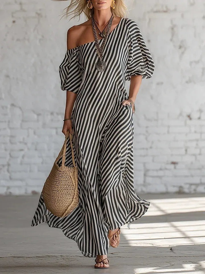 Summer Woman Dress Long Striped Off Shoulder Dresses Short Sleeve Maxi Dress Wrap Style Pink Striped Shirt Dress 's Women's