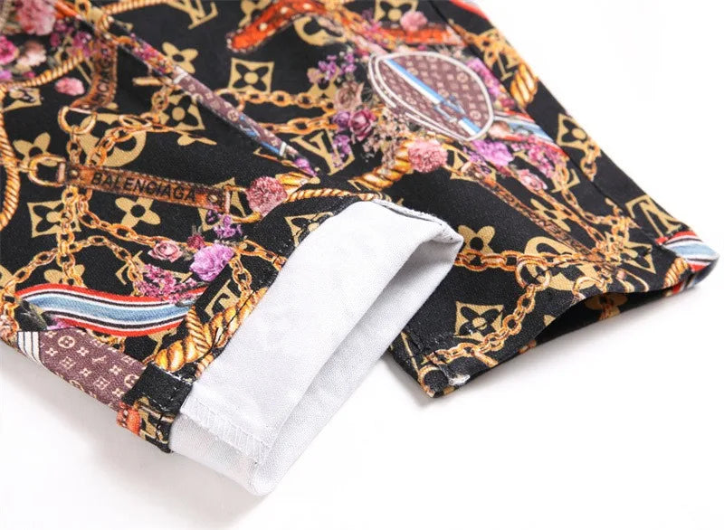 High Quality Mens Slim-fit Colorful Jeans,Light Luxury Full Print Decors Sexy Jeans,Stylish Street Fashion Jeans;