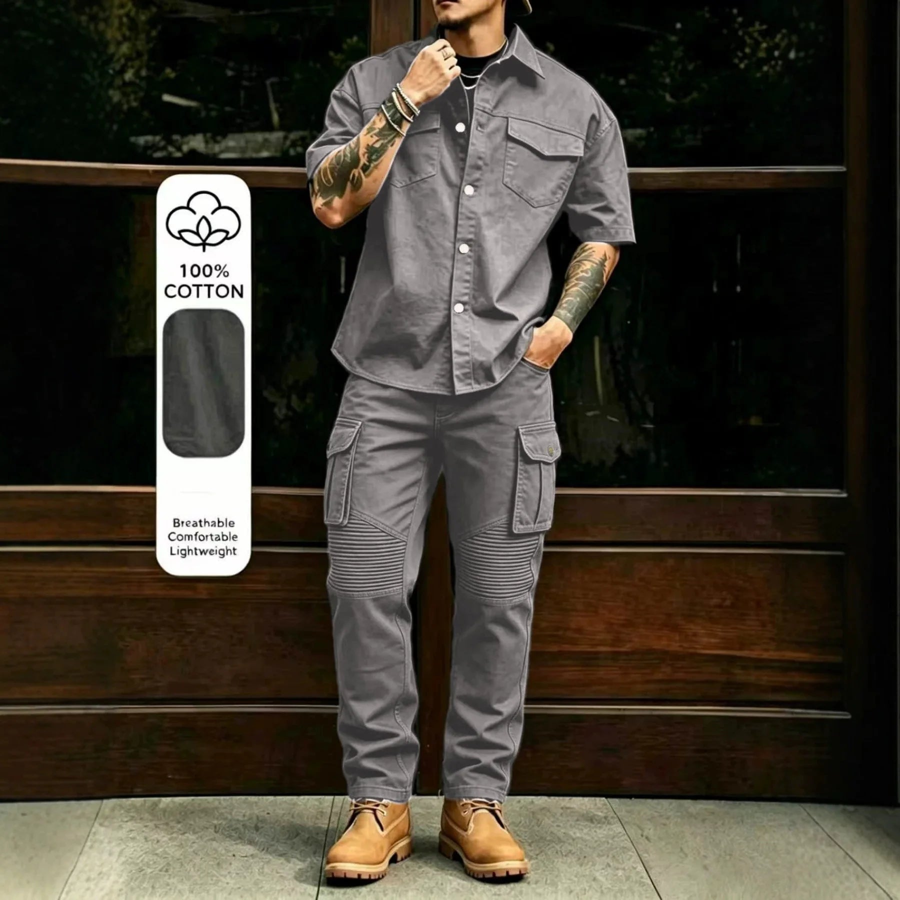 Men's Casual Workwear 100% Cotton Multi-Pocket Short-Sleeved Shirt Pants Set Male Cargo Overalls Streetwear Short Sleeve Button