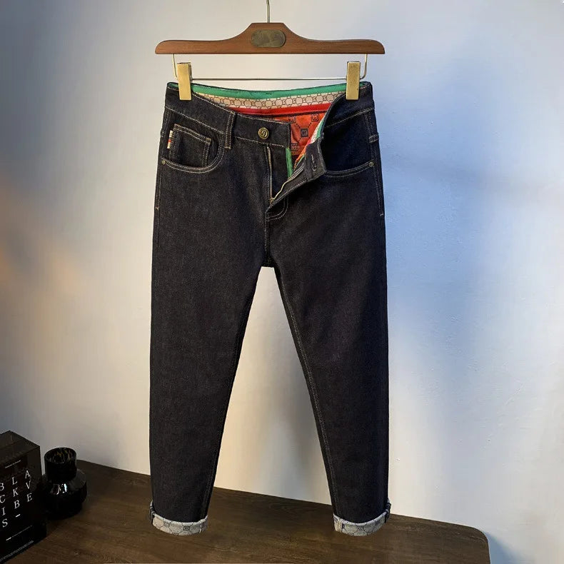 High end light luxury men jeans autumn new item dark blue fashion printed casual straight slim fit cotton washed denim pants