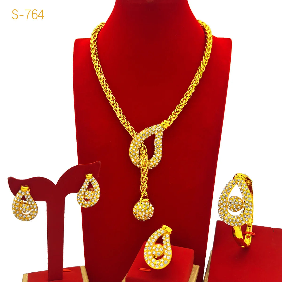 Unique Fashion Diamond-Set Jewelry Set Necklace Earrings Bracelet Ring Women's 24K Gold AU999 - Shiny diamonds, trendy set