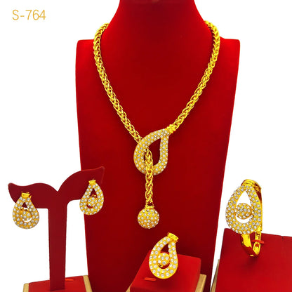 Unique Fashion Diamond-Set Jewelry Set Necklace Earrings Bracelet Ring Women's 24K Gold AU999 - Shiny diamonds, trendy set