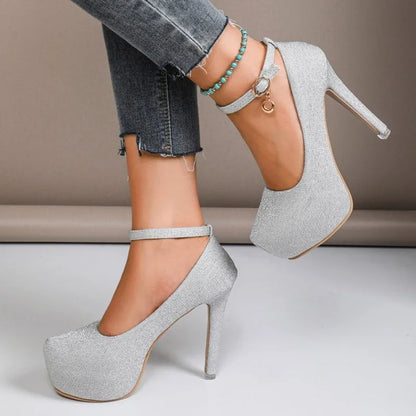 Women's High Heels 2026 New Style Semi-Uppered Thin Heel Waterproof Platform Buckle Fashion Shoes Large Size Strap Shoes
