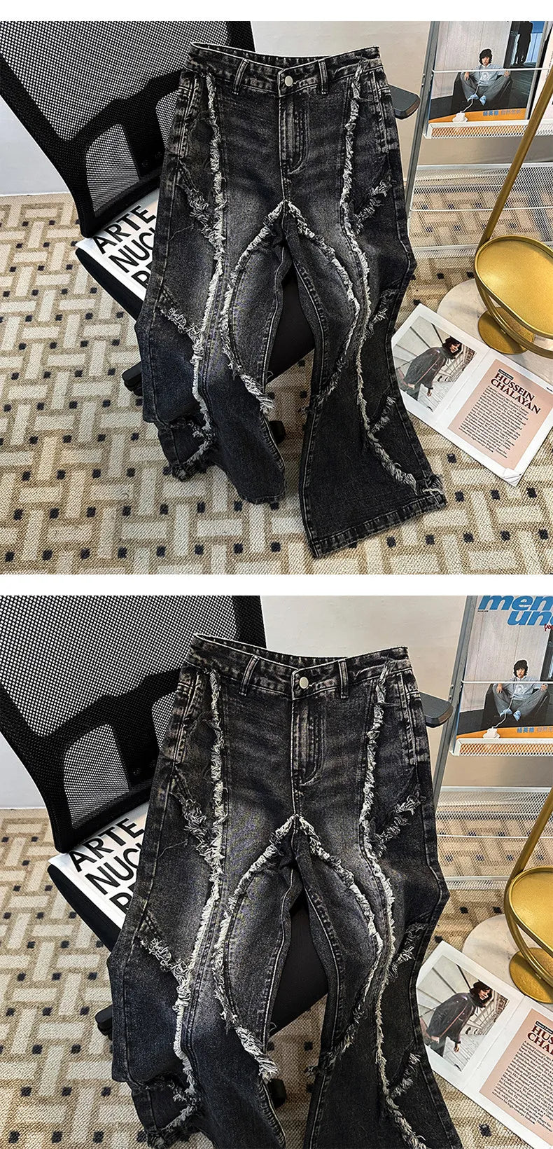 Men's Fringed Denim Set 2026 Spring New American Retro Washed Shoulder Padded Zipper Jacket Splicing Jeans Two Pieces Sets