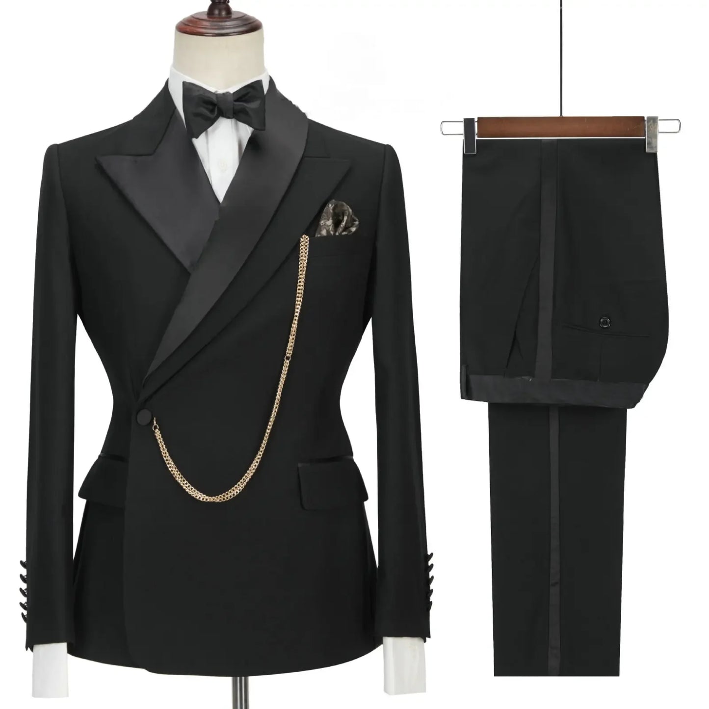 Custom Made Black Groom Tuxedo Peaked Lapel Double Breasted Men Suit Prom Wedding Party Men Suits Costume ( Jacket+Pants)