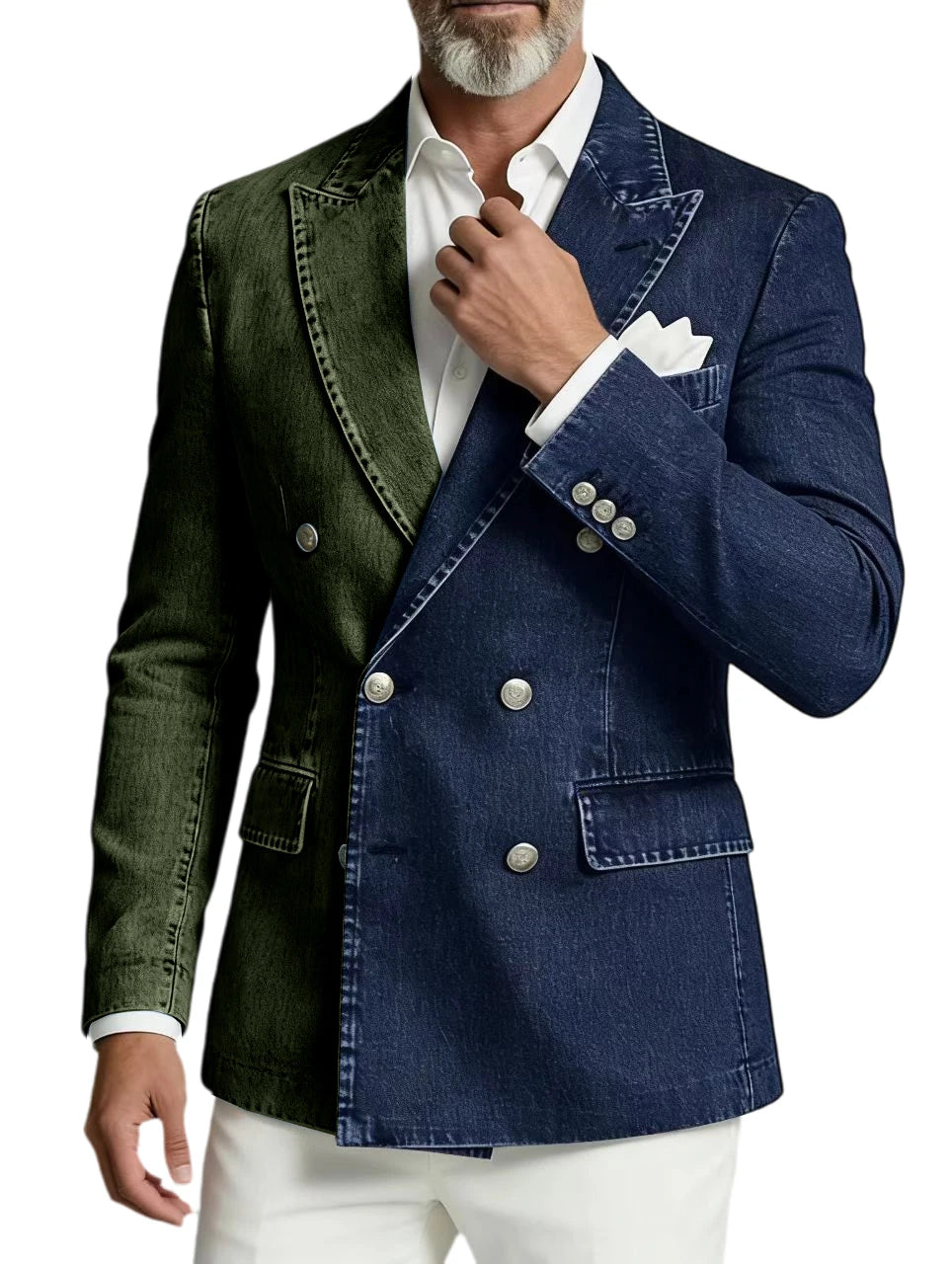 Men Spliced Denim Jacket Peak Lapel Double Breasted Slim Fit Casual Blazer Outing Date Night Trendy Party Fashion Costume Homme
