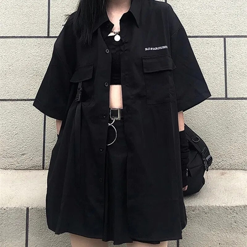 Single / Set Summer Korean Fashion Versatile Dark Series Loose Bf Shirt Top Women Fashion Two Piece Set Skirt Jupe Dropshipping