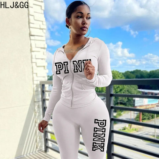 HLJ&GG Fashion Zipper Hooded Two Piece Sets Fall Women PINK Letter Print Outfits Casual Long Sleeve Coat+Skinny Pants Tracksuits