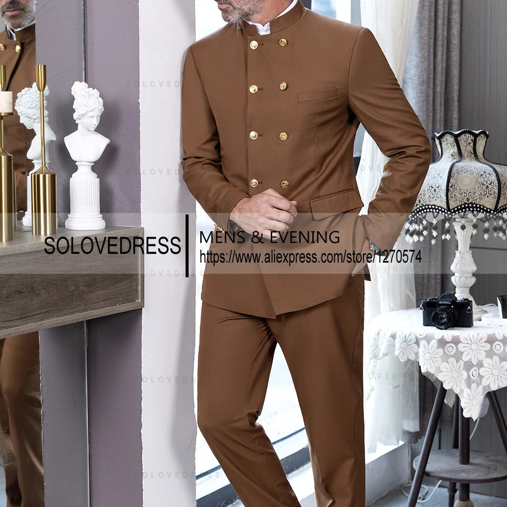 2 Piece Stand Collar Double-Breasted Chinese Style  Men's Suits With 3 Real Pocket Wedding SuitsTailored Fit (Blazer+Pants)