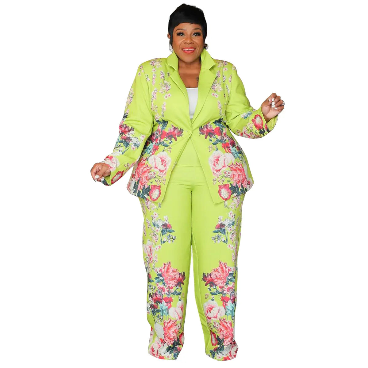 CM.YAYA Plus Size Women's Set Long Sleeve Floral Print Blazer +Wide Leg Pants Suit 2024 Fall Two 2 Piece Set Outfits Tracksuit