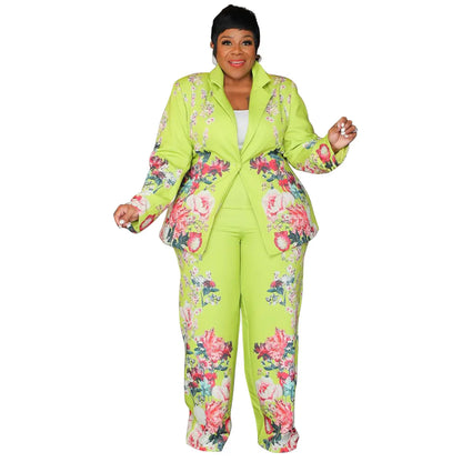 CM.YAYA Plus Size Women's Set Long Sleeve Floral Print Blazer +Wide Leg Pants Suit  Fall Two 2 Piece Set Outfits Tracksuit