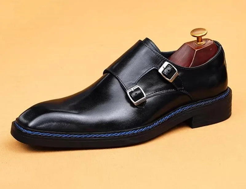 Hochwertige Herrenschuhe aus Rindsleder, eckige Zehenpartie, Doppel-Monk-Strap, Herren-Businessschuhe zum Hineinschlüpfen