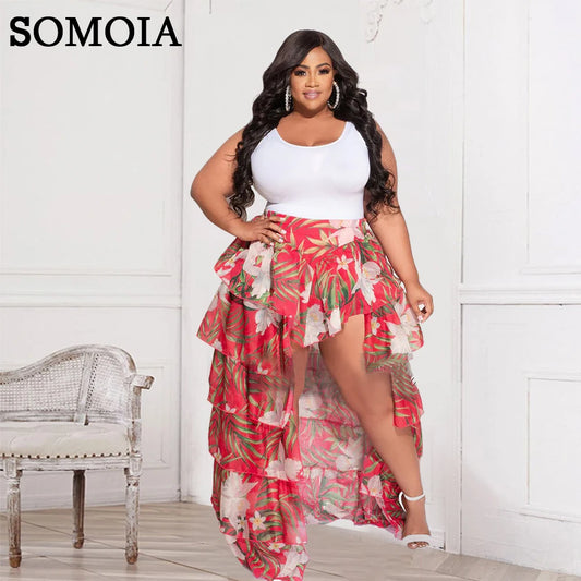 SOMOIA L-4XL Summer Plus Size Two Piece Sets Womens Outifits Sexy Beach Resort Irregular Loose Skirt Suit Wholesale Dropshipping