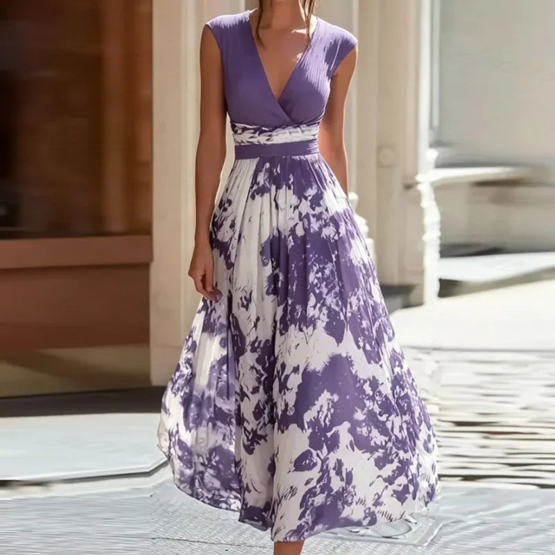 Women Sleeveless Print Maxi Dress Deep V Neck Pleated High Waist Flowy A Line Dress Summer Bohemian Beach Wedding Casual Dresses