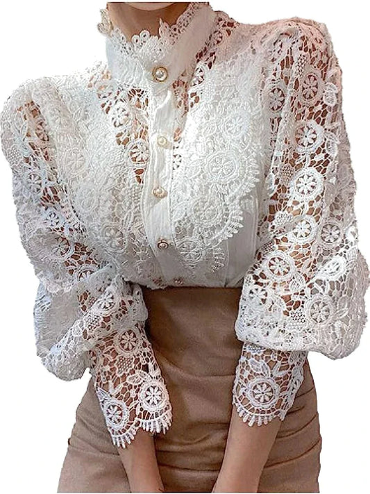 Women White Lace Blouse Long Sleeve Vintage Lace Shirt Korea Fine Elegant Pearl Button Flower Blouse Sexy OL Office Outfit Top