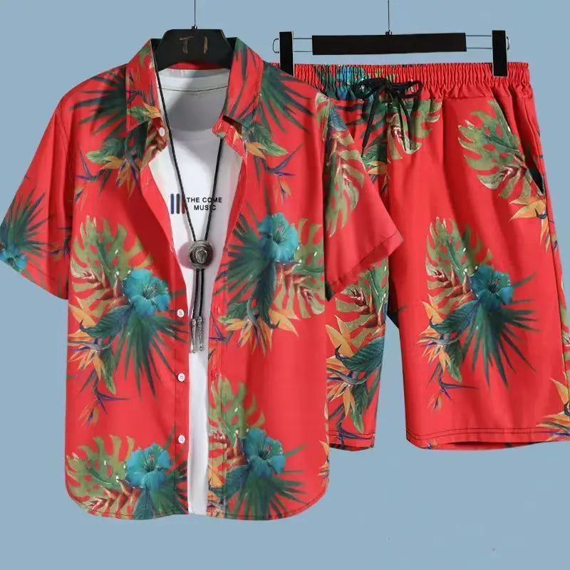 Comfortable flower grass leaf coconut tree 3D Print shirt +Shorts Two Piece Set Short Sleeve Flip collar shirts half pants
