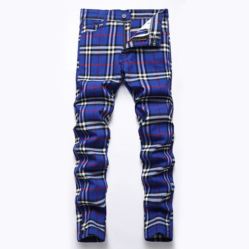 Original Design Men&#39;s Elastic Jeans British Style Personality Digital Printing Colour Plaid Middle Waist Leisure Slim Pants